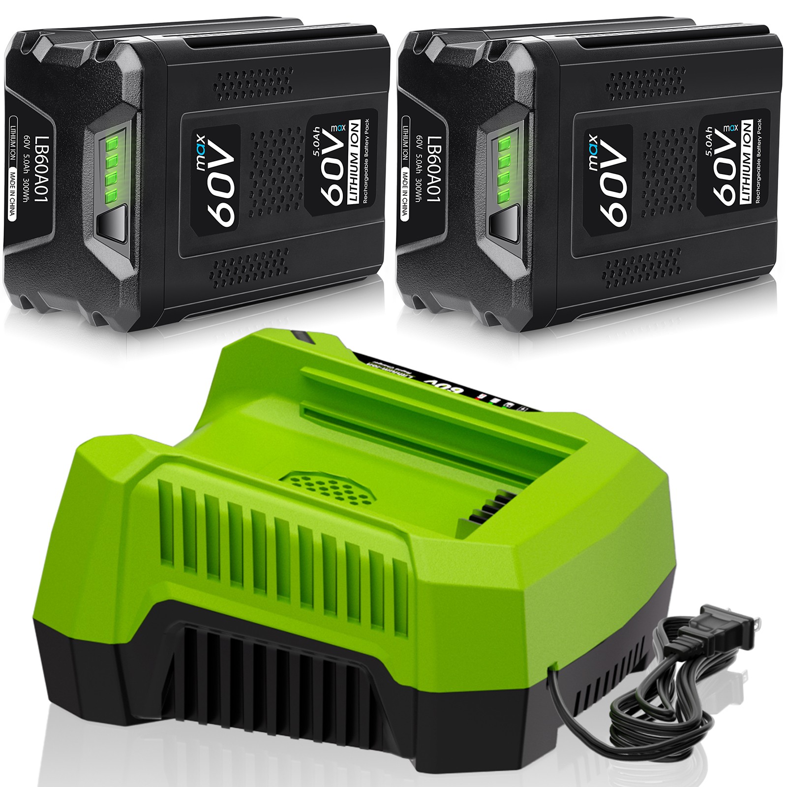 2Pack 5.0Ah Li-Ion Battery + 6A Rapid Charger Kit For Greenworks LB605 LB60A01