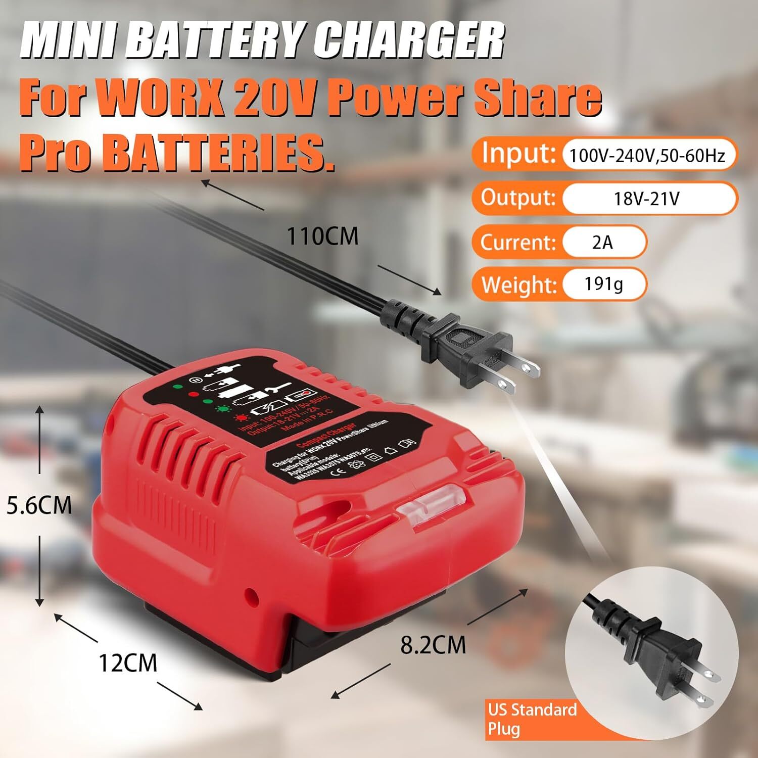 Portable Charger for Worx 20V Lithium Battery WA3742 WA3520 WA3525 WA3578 WA3732