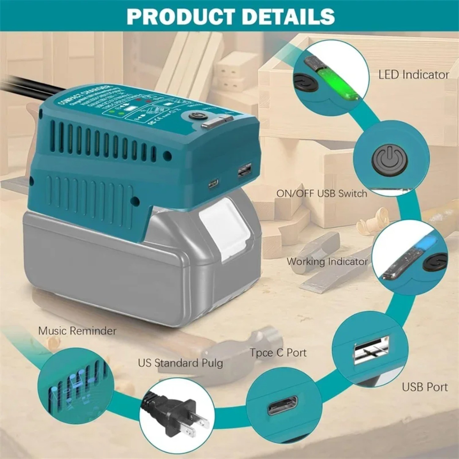 Portable Fast Charger for Makita 18V with USB Type -C Output 110V 3A Travel