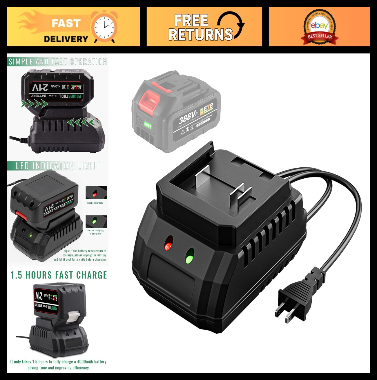 21V Fast Battery Charger Base, Single Port Rapid Charger for 21V Lithium-Ion Bat