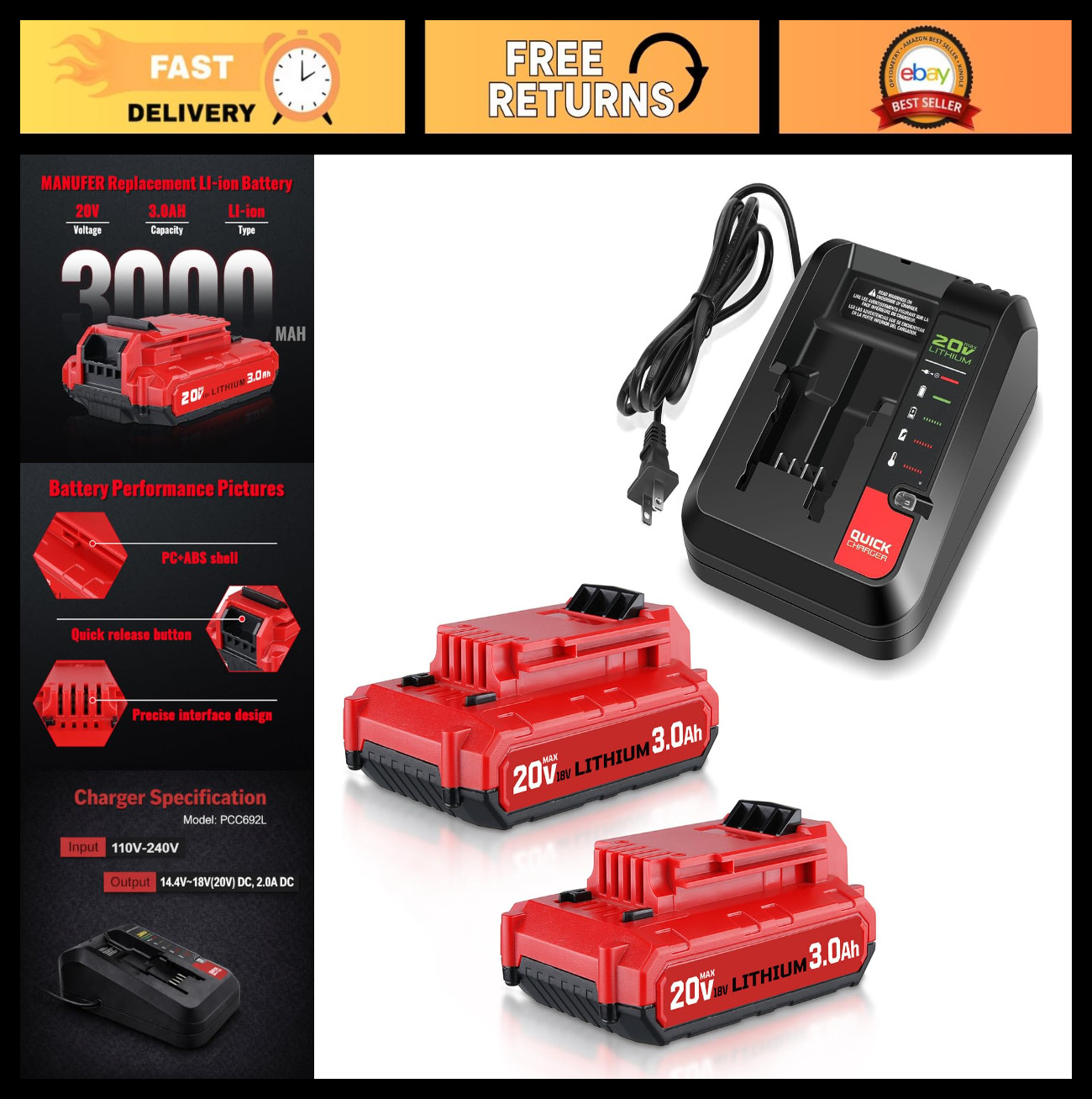 2PACK 3.0Ah 18V/20V Max Li-ion Battery & Charger Compatible with Porter Cable To