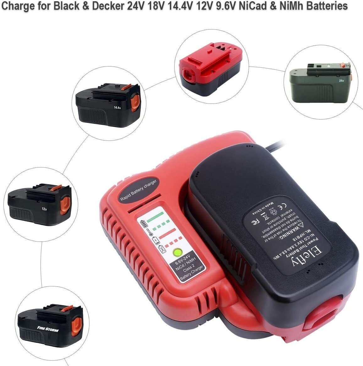 Charger For Black and Decker 9.6V 12V 14.4V 18V 24V HPB18 Battery BDFC240