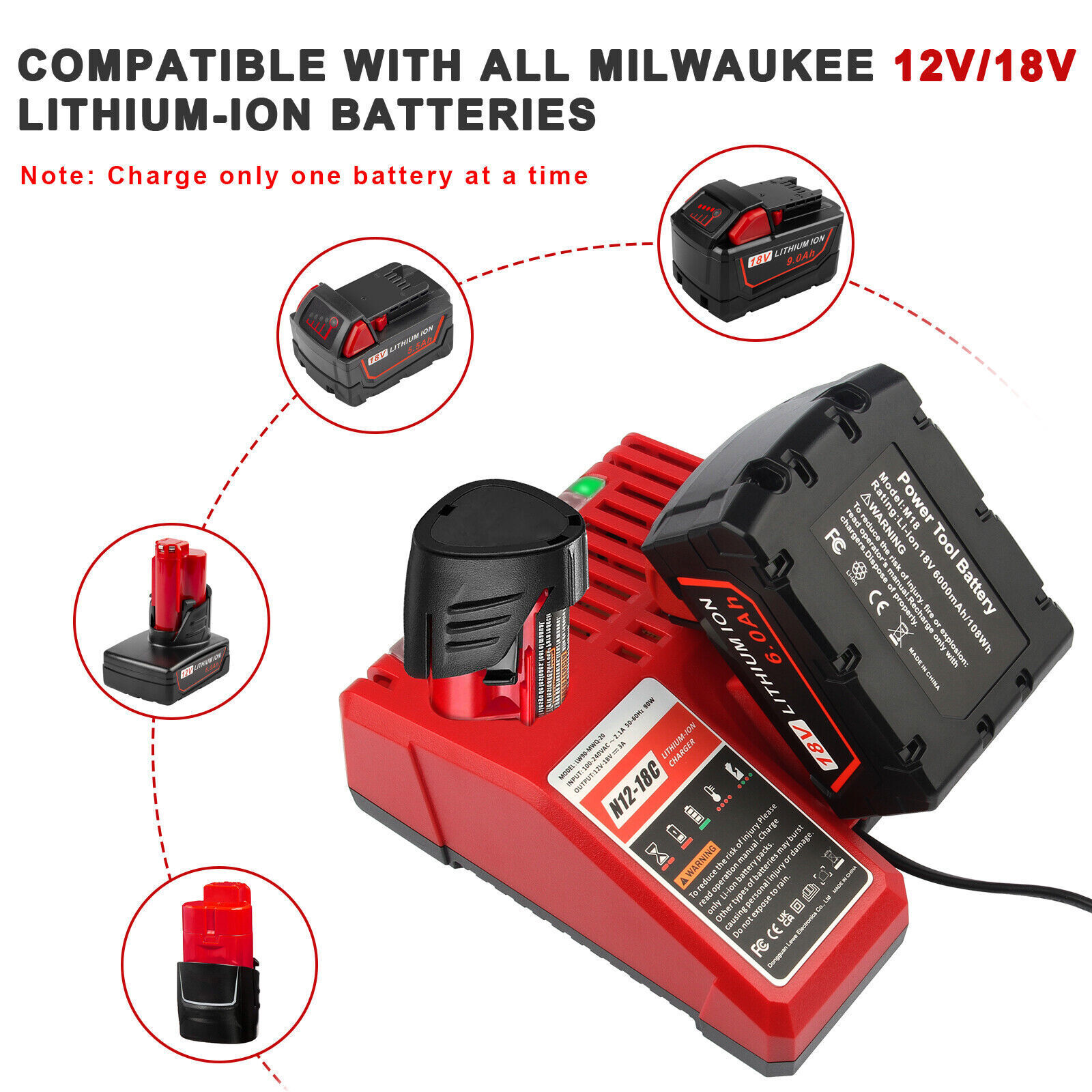 For Milwaukee Rapid Charger 48-59-1812 M12 M18 12-18V 48-11-1860 Li-ion Battery