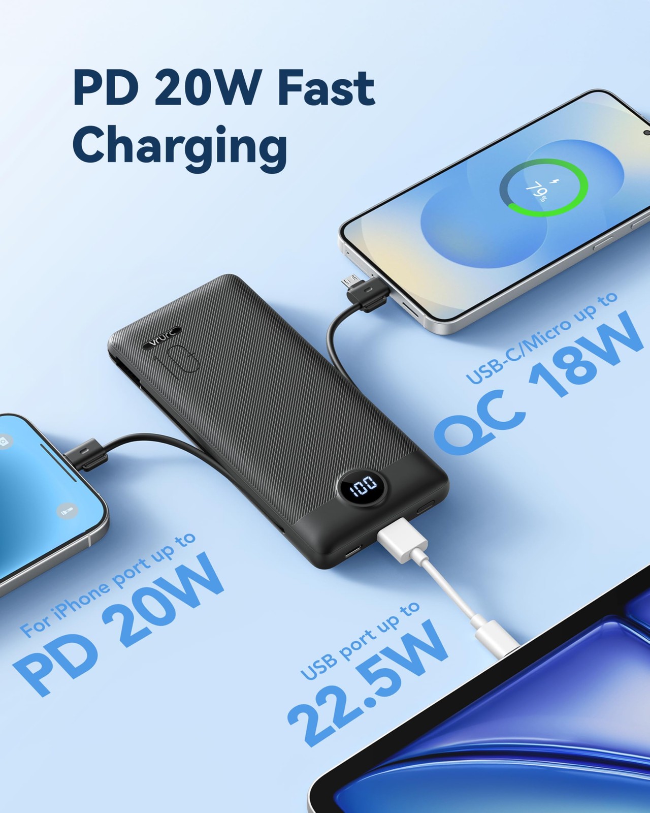 Vrurc Portable Charger Power Bank – 10000Mah Charging Pd 20W Wall Plug Slim