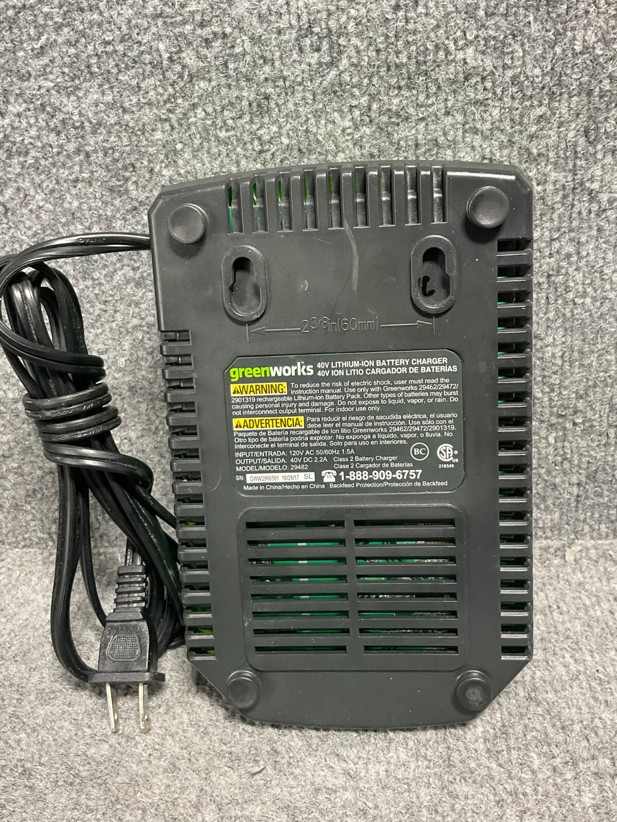 GreenWorks 29482 40V Lithium Battery Charger 120V AC Used