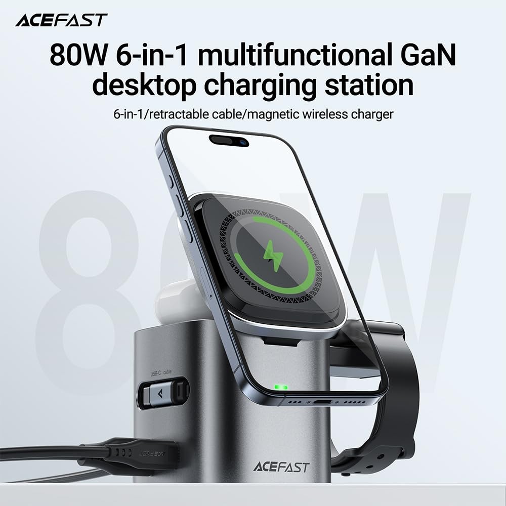 Acefast 6-In-1 80W Foldable Gan Wireless Charging Station For Iphone 17/16/15