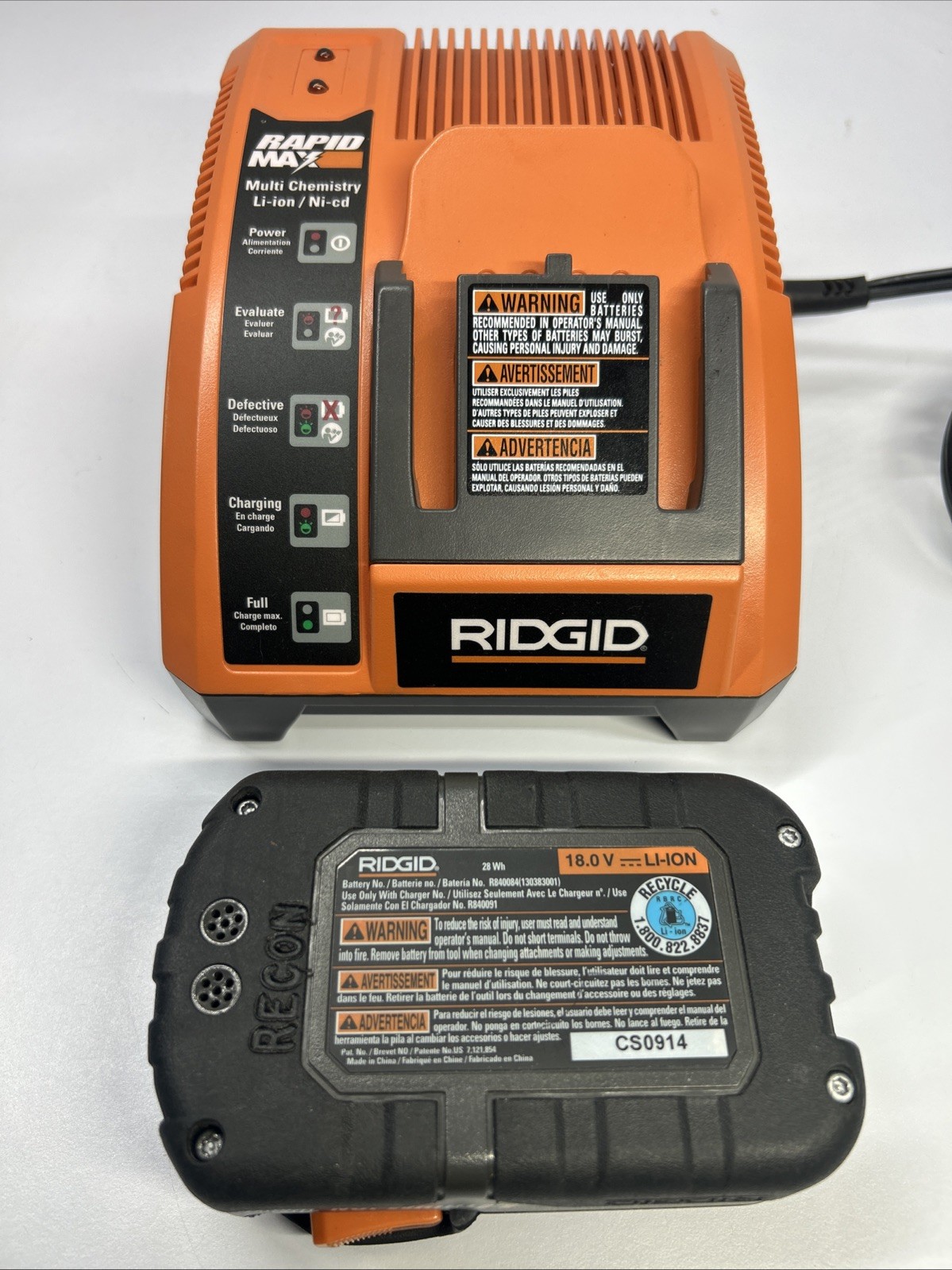 RIDGID Rapid Max Li-ion/Ni-Cd Battery Charger 9.6 – 18V & 18v Battery READ AS-IS