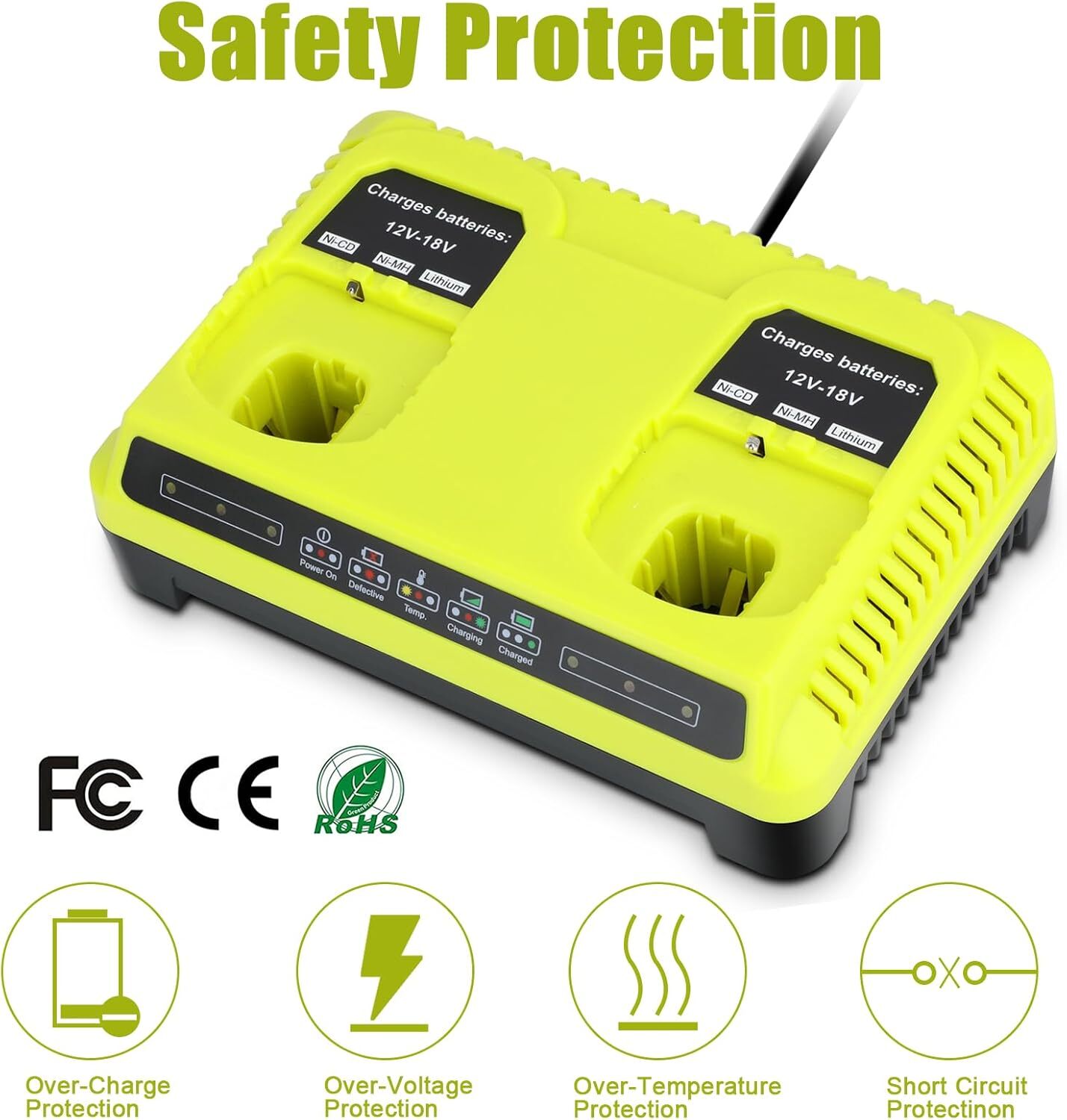 P107 P108 P117 2 Port 12-18V Dual Charger for Ryobi Li-ion Ni-CD Ni-MH Battery
