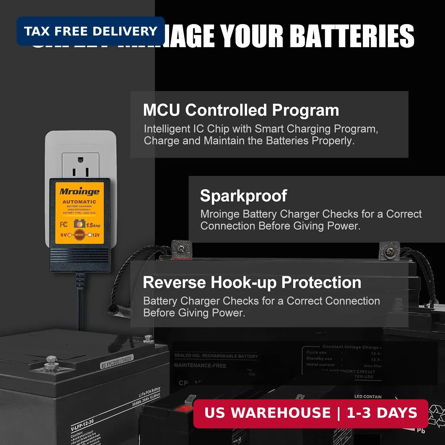 Smart Battery Charger, Mroinge 6V / 12V 1.5A Fully Automatic Trickle Charger/Mai