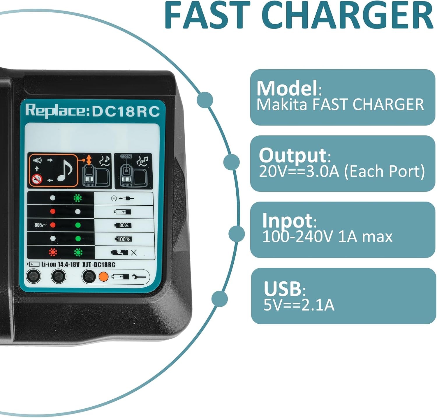 DC18RC Rapid Fast Charger For Makita 14.4V-18V 3.0A Lithium‑Ion Battery BL1830B