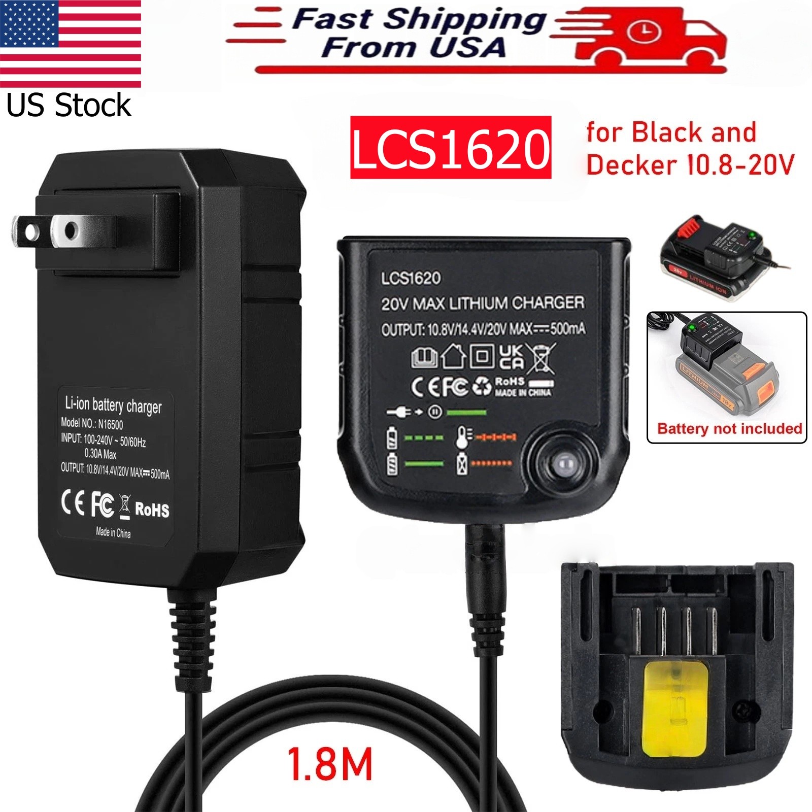 Replacement Charger for Black and Decker 20V Max Lithium Battery LBXR20 LB20 LED