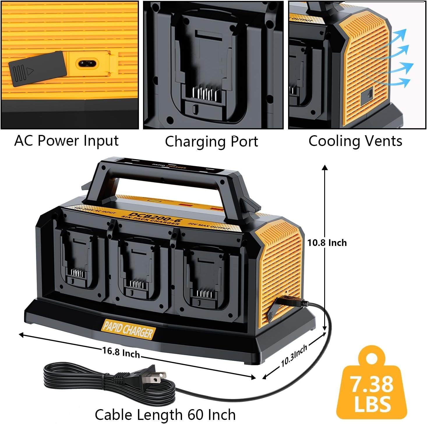 Fast Charger for Dewalt 20V Battery 6-Port Multi Simultaneous Rapid Charger