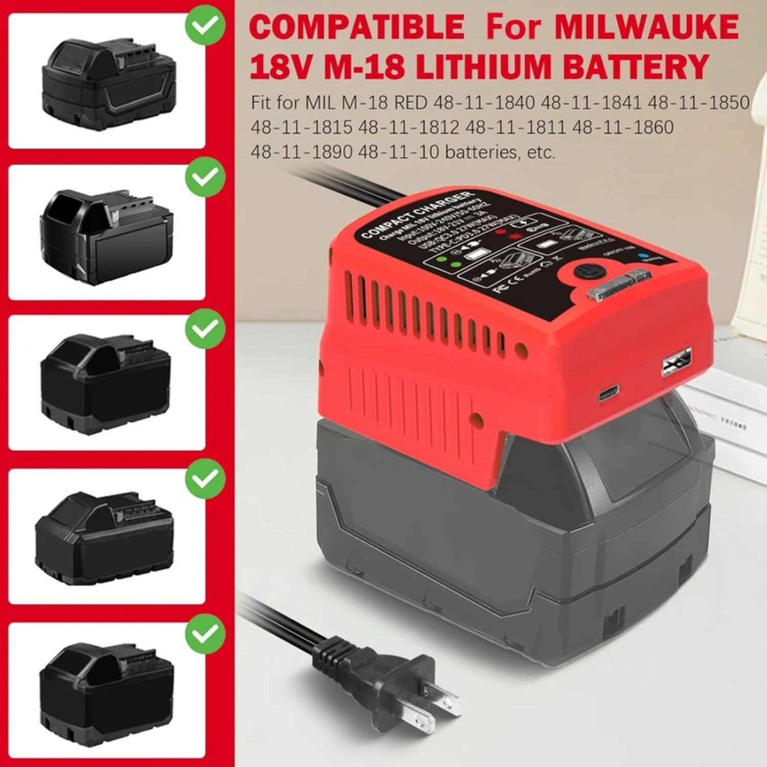 Portable Fast Charger for Milwaukee 18V with USB Type -C Output 110V 3A Travel