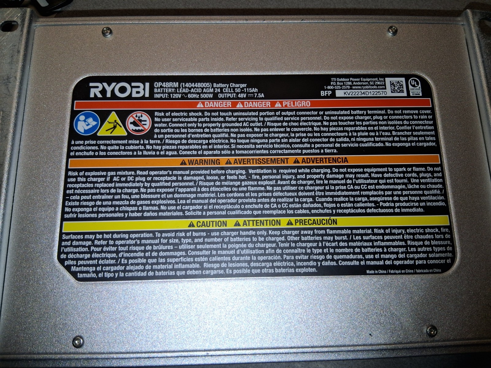 Ryobi OP48RM 48 v Battery Charger OEM 140448005 (A)used