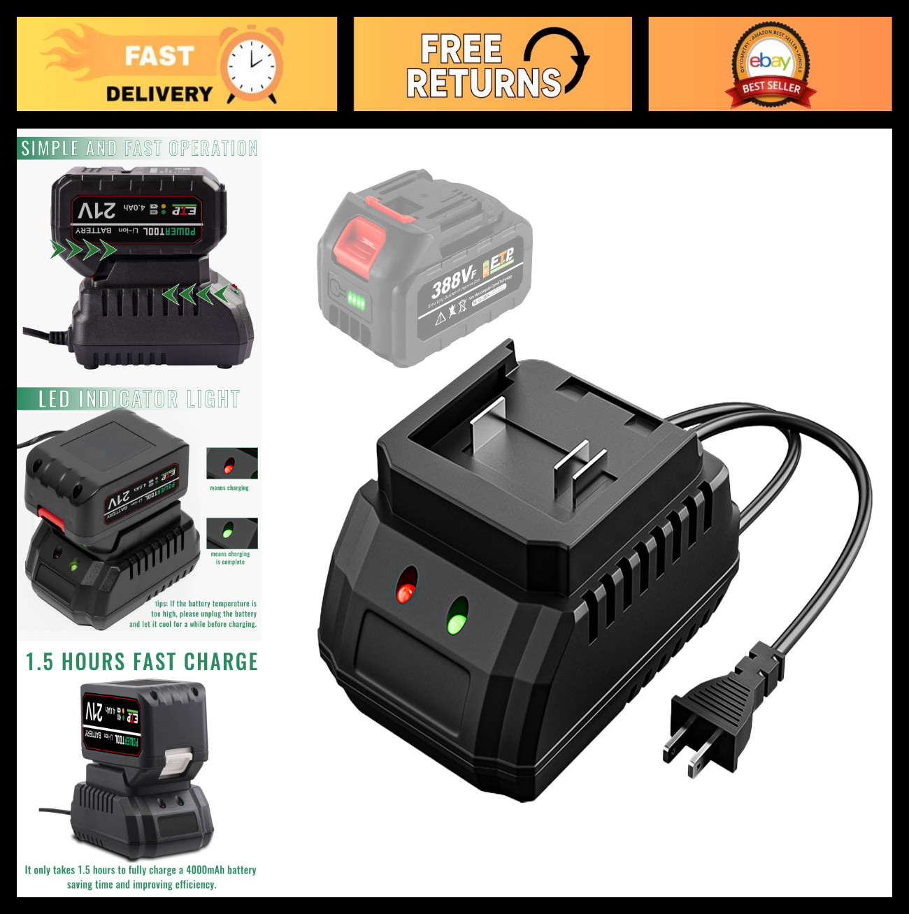 21V Fast Battery Charger, Single Port Rapid Charger for Lithium-Ion Batteries