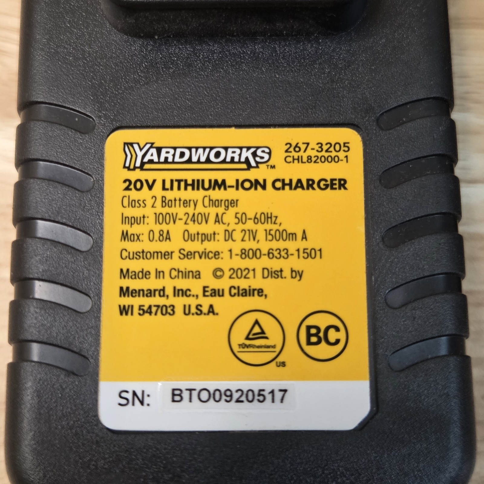 Yardworks 20V Lithium-ion Battery Charger 267-3205 CHL82000-1 Menards