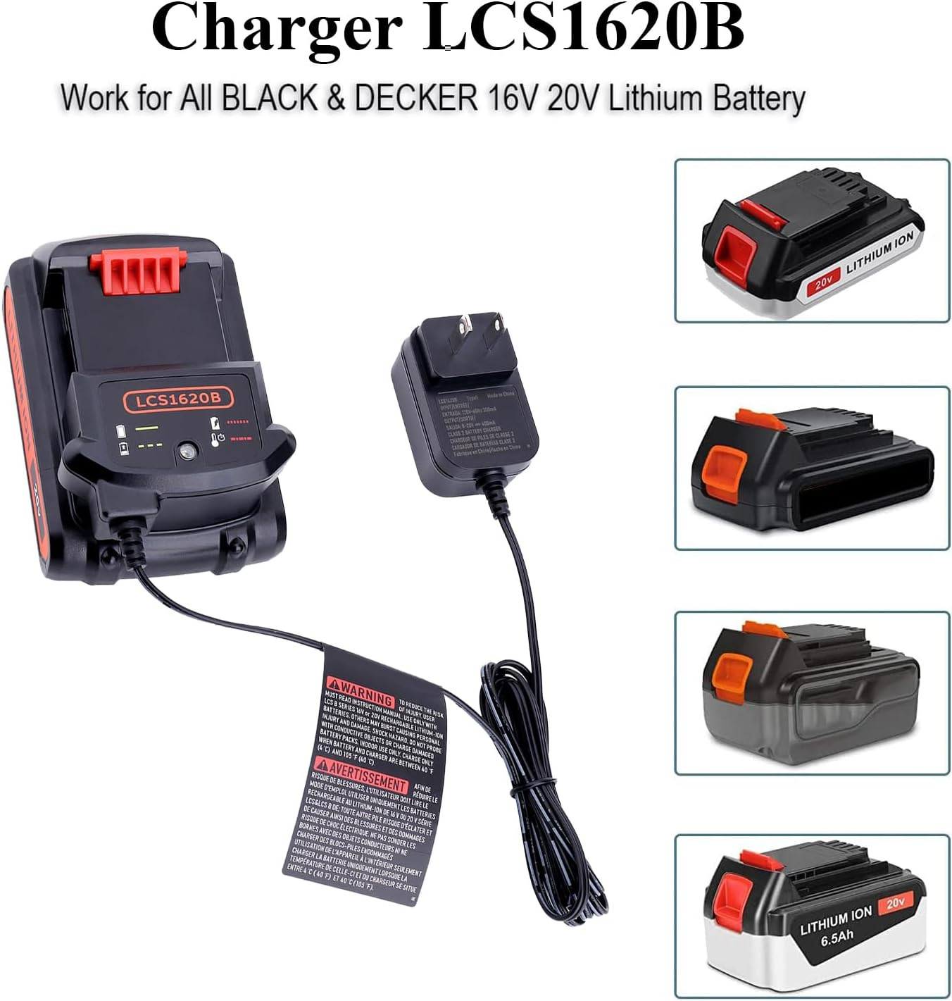 LCS1620B Replacement for Black and Decker 20V Lithium Battery Charger, Compatibl
