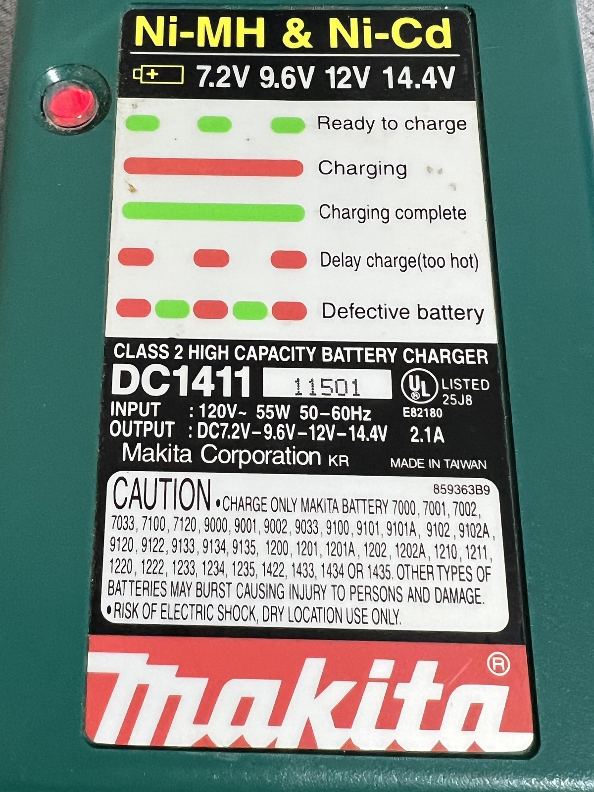 Makita DC1411 Green Ni-MH Ni-Cd Charger 7.2-14.4V W/ 9033 9.6V Stick Battery