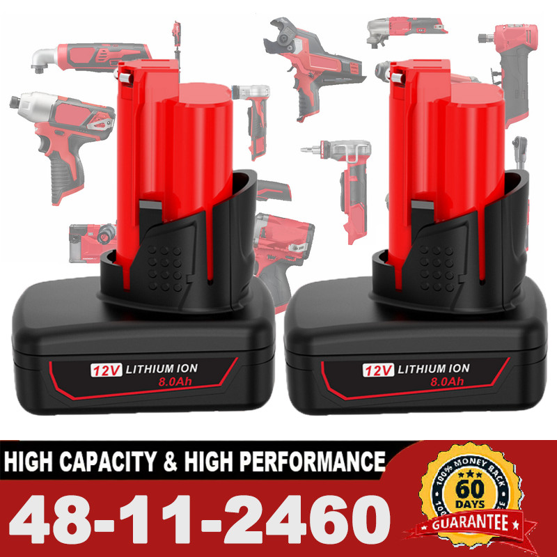 2Pack 8.0Ah Battery For Milwaukee for M12 LITHIUM Extended Capacity 48-11-2402