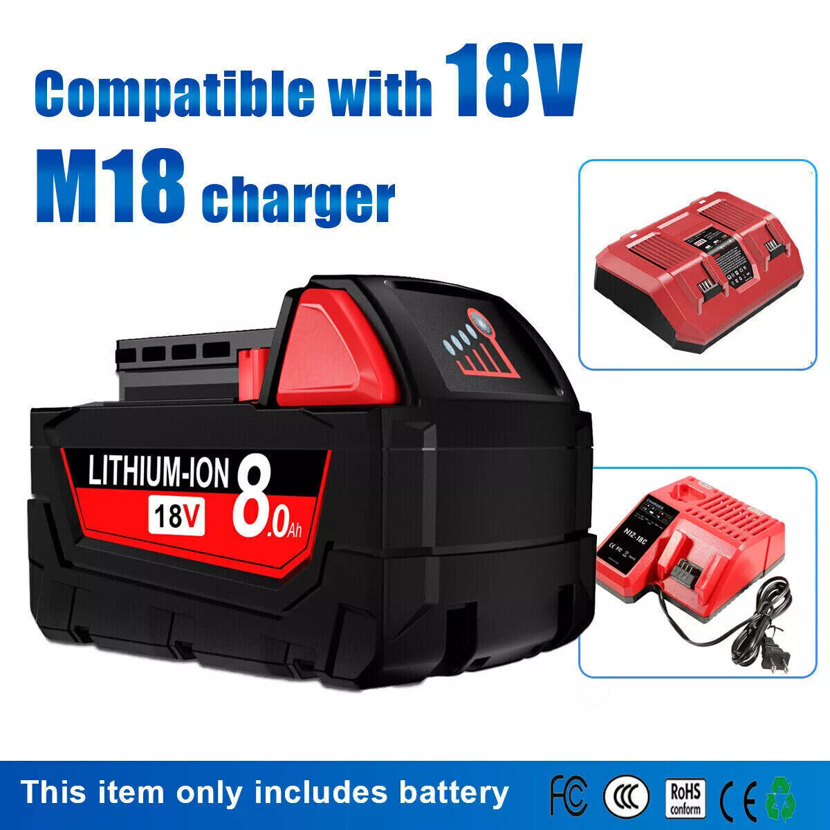 2x For Milwaukee 18v M18 Lithium 8.0 AH Extended Capacity Battery 48-11-1860 ??