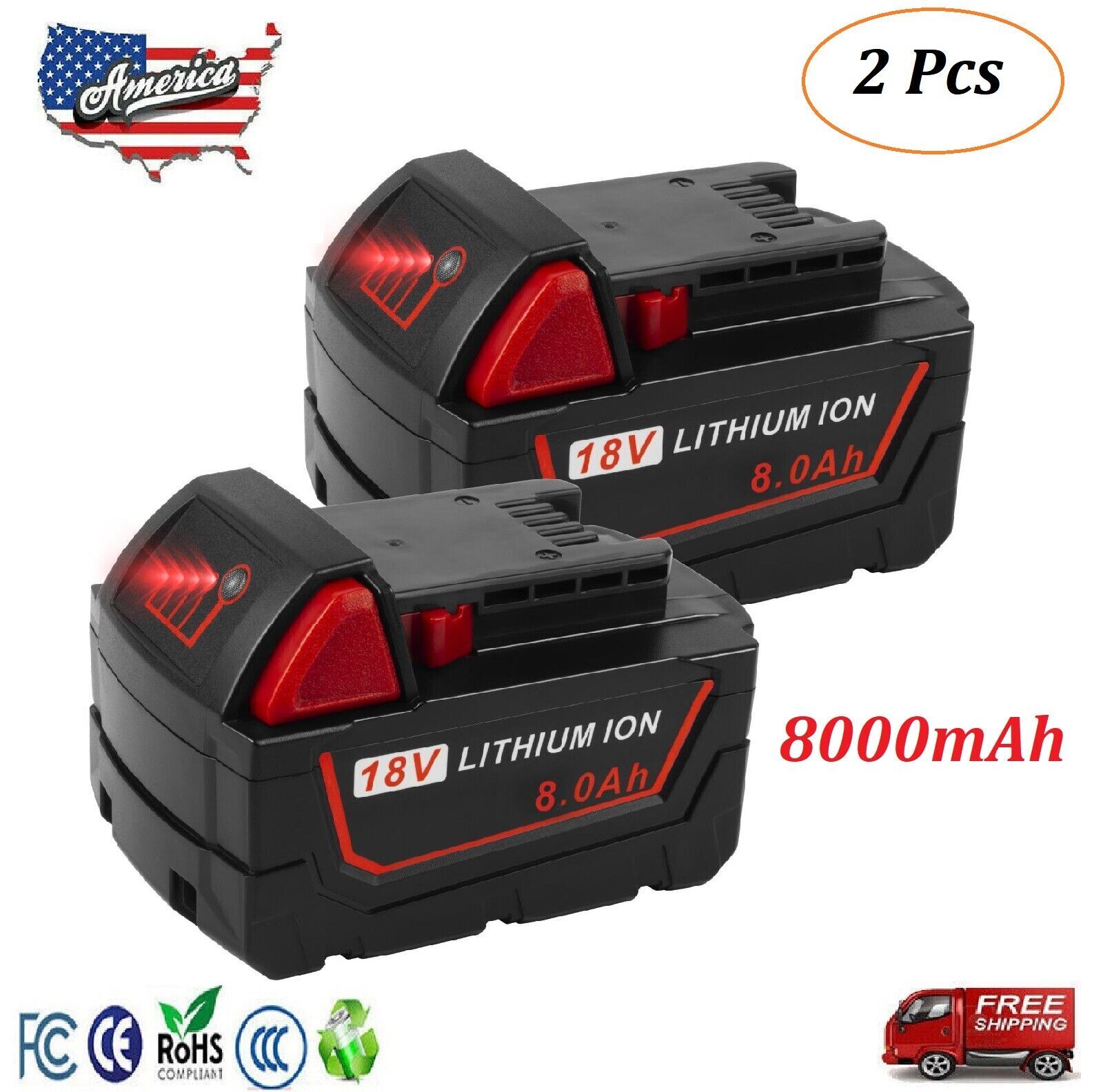 2Pack For Milwaukee M18 Lithium XC 8.0AH Extended Capacity Battery 48-11-1860