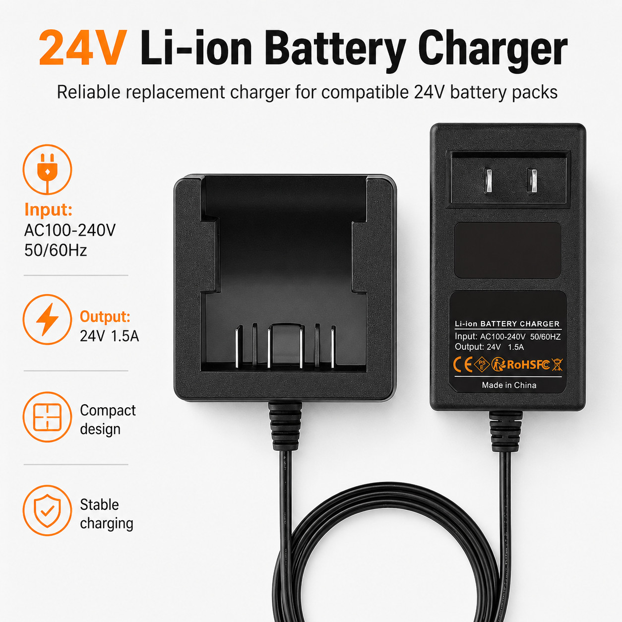 24V Li-ion Battery Charger Compatible with Greenworks 24 Volt G-24 Power Tool
