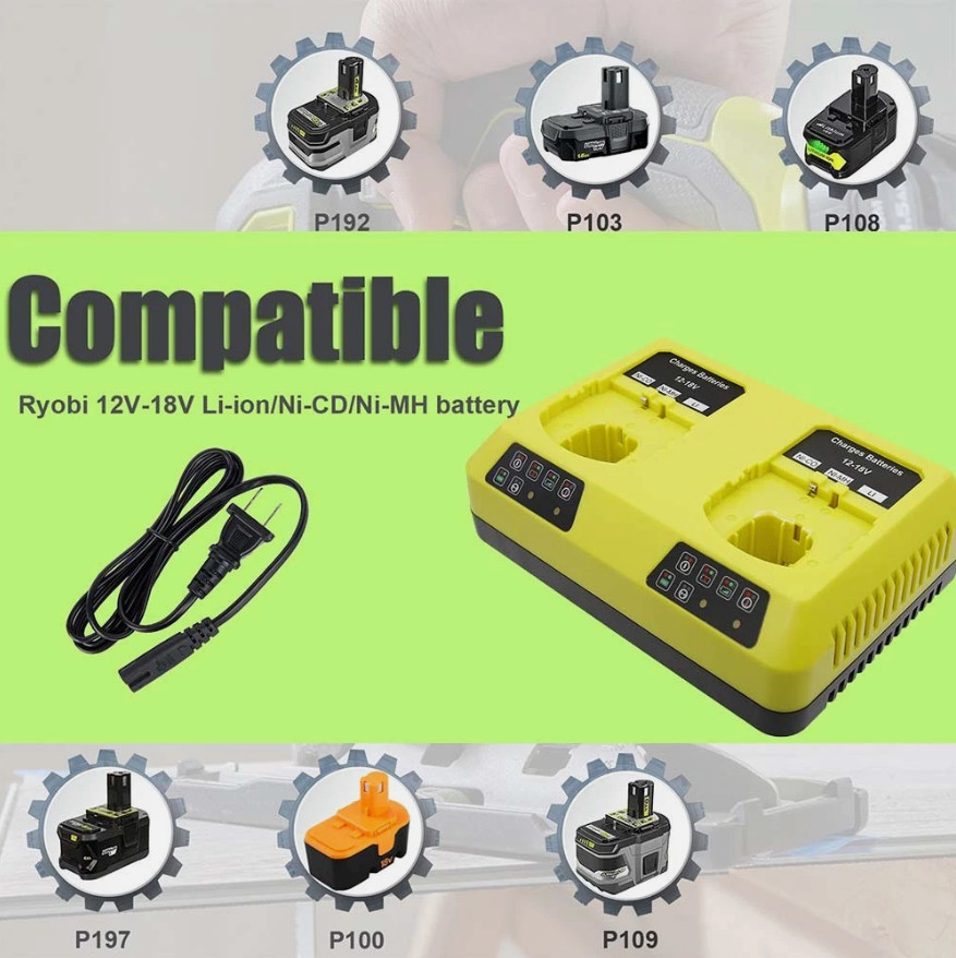 P107 P108 P117 2 Port 12-18V Dual Charger for Ryobi Li-ion Ni-CD Ni-MH Battery