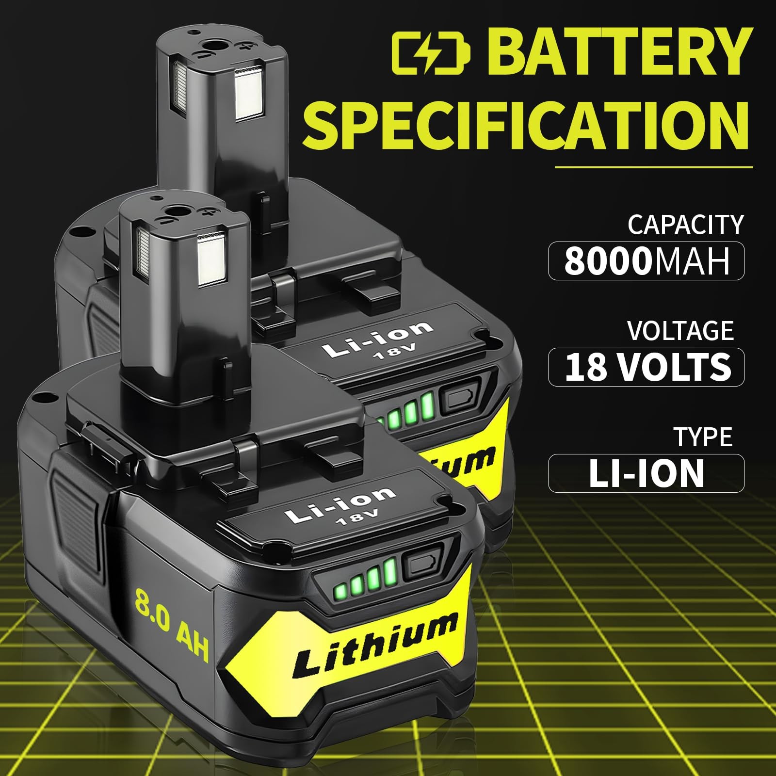 GloryTask 2Pack Upgrade 8000mAh High Capacity Replacement for Ryobi 18V black