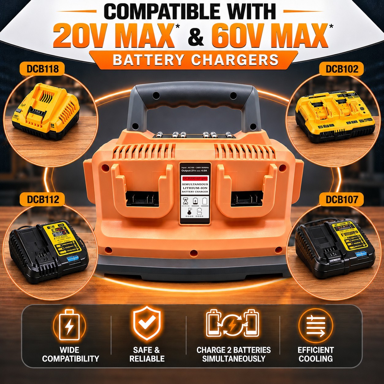 Compatible with Dewal 20V 60V 6-Port Multi Fast Charger Station DCB104 DCB118