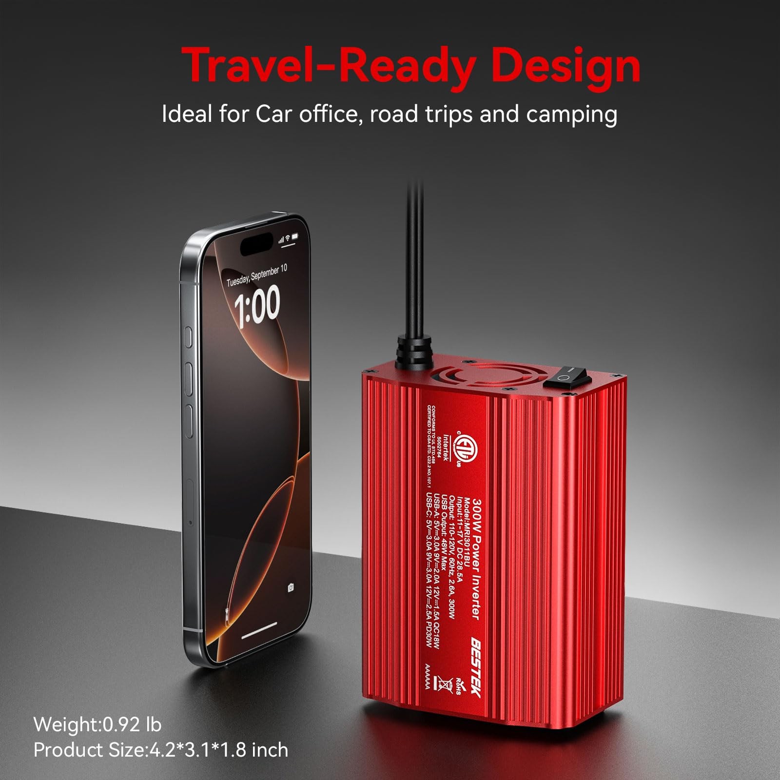 BESTEK 300W Car Power Inverter 12V to 110V w/ PD30W USB-C & USB-A – Aluminum Hou