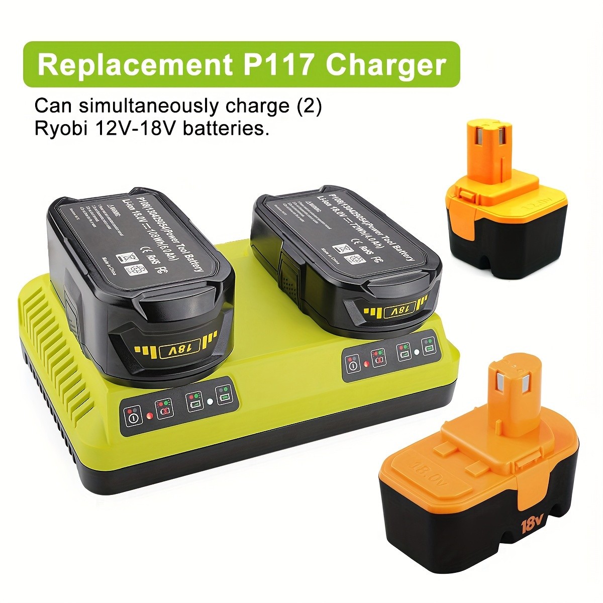 18V Dual Lithium Rapid Battery Charger for Ryobi One Plus P117 P108 P107