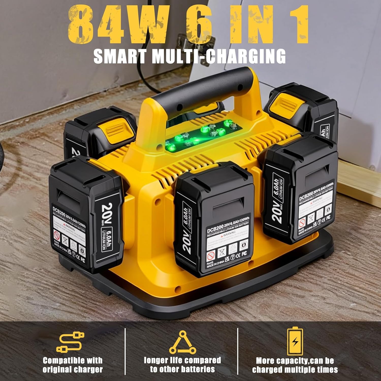6-Port Simultaneous Charger for Dewalt 20V Max/60V Flexvolt DCB200 DCB203 DCB204