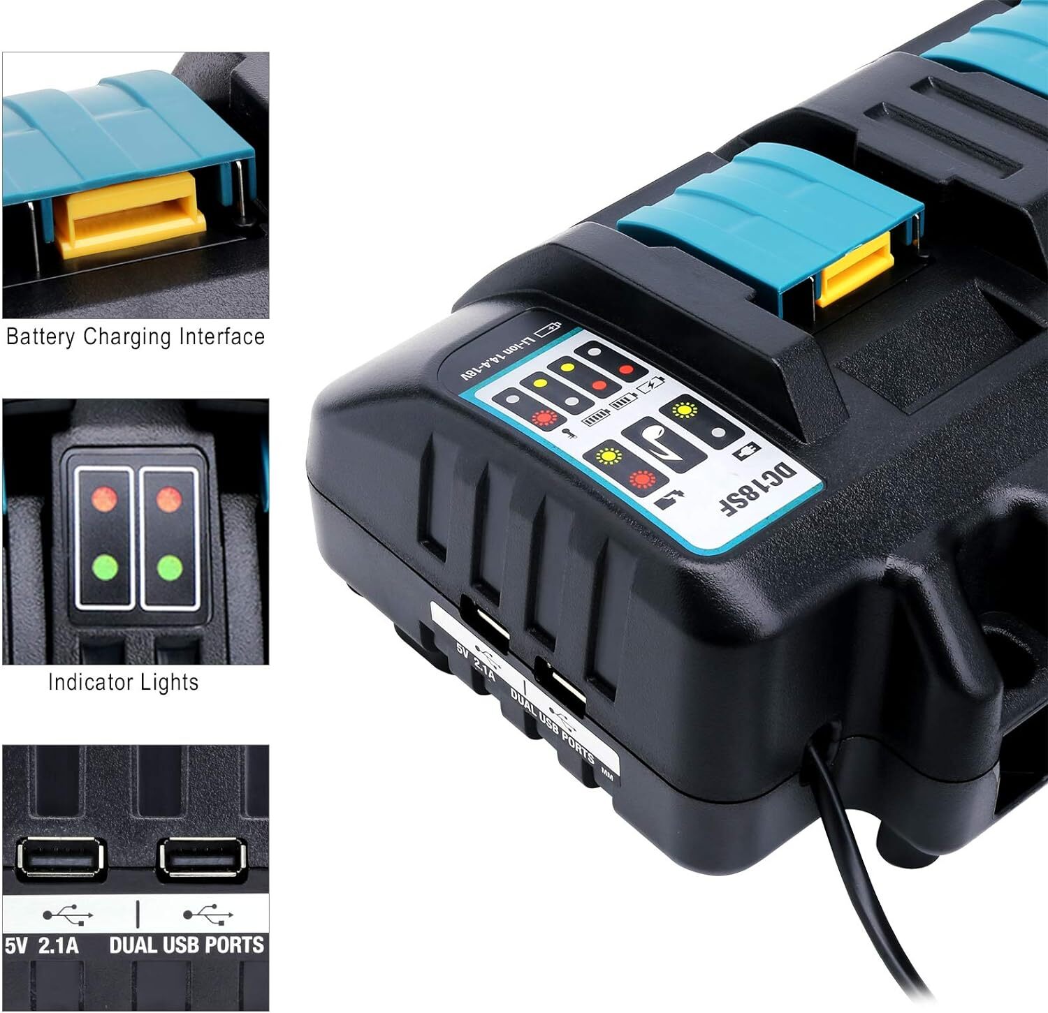 DC18SF For Makita 14.4-18V LXT Li-ion Dual 4 Port High & FAST Battery Charger