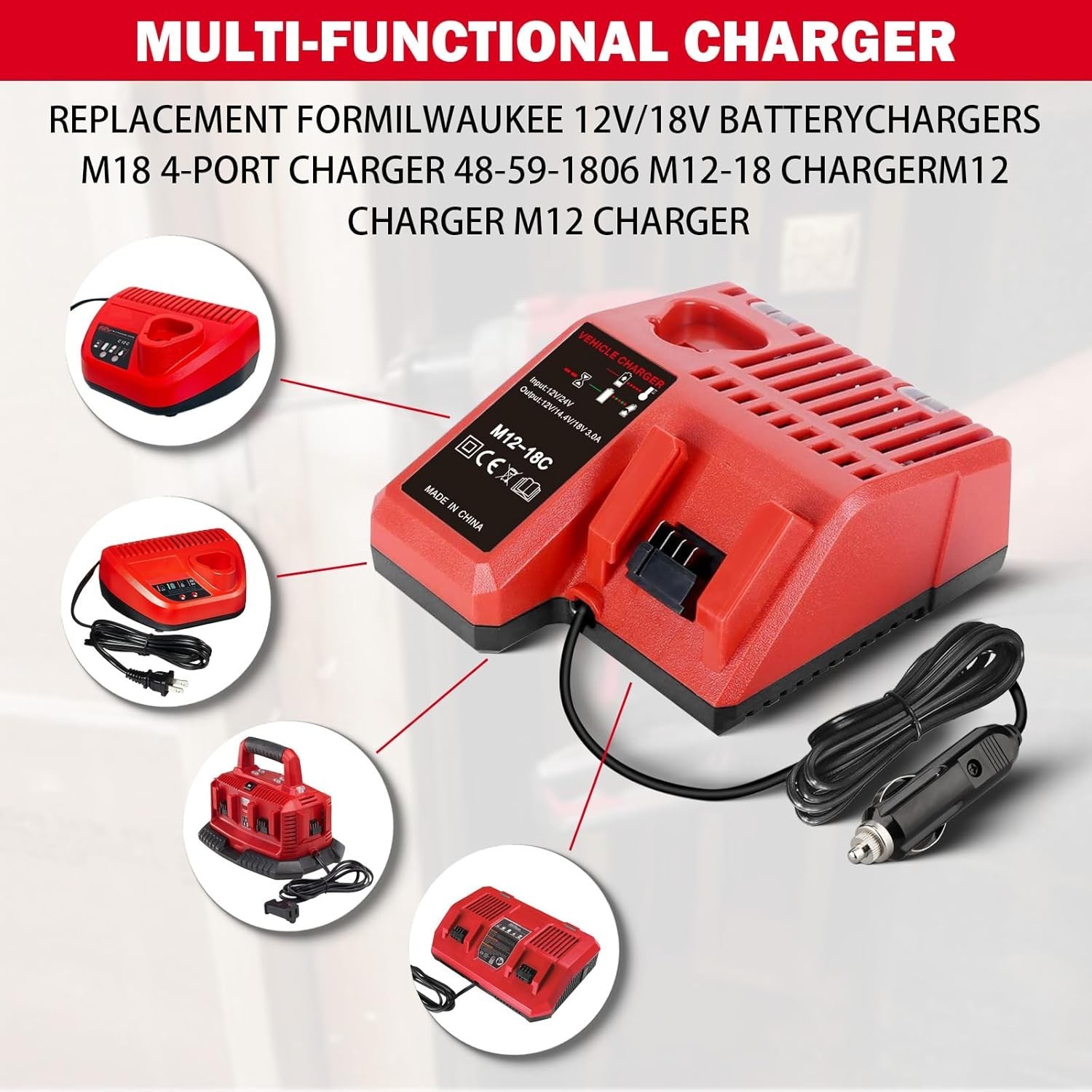 for M12 & M18 Multi Voltage Car Charger Milwaukee 12V-18V Lithium Red