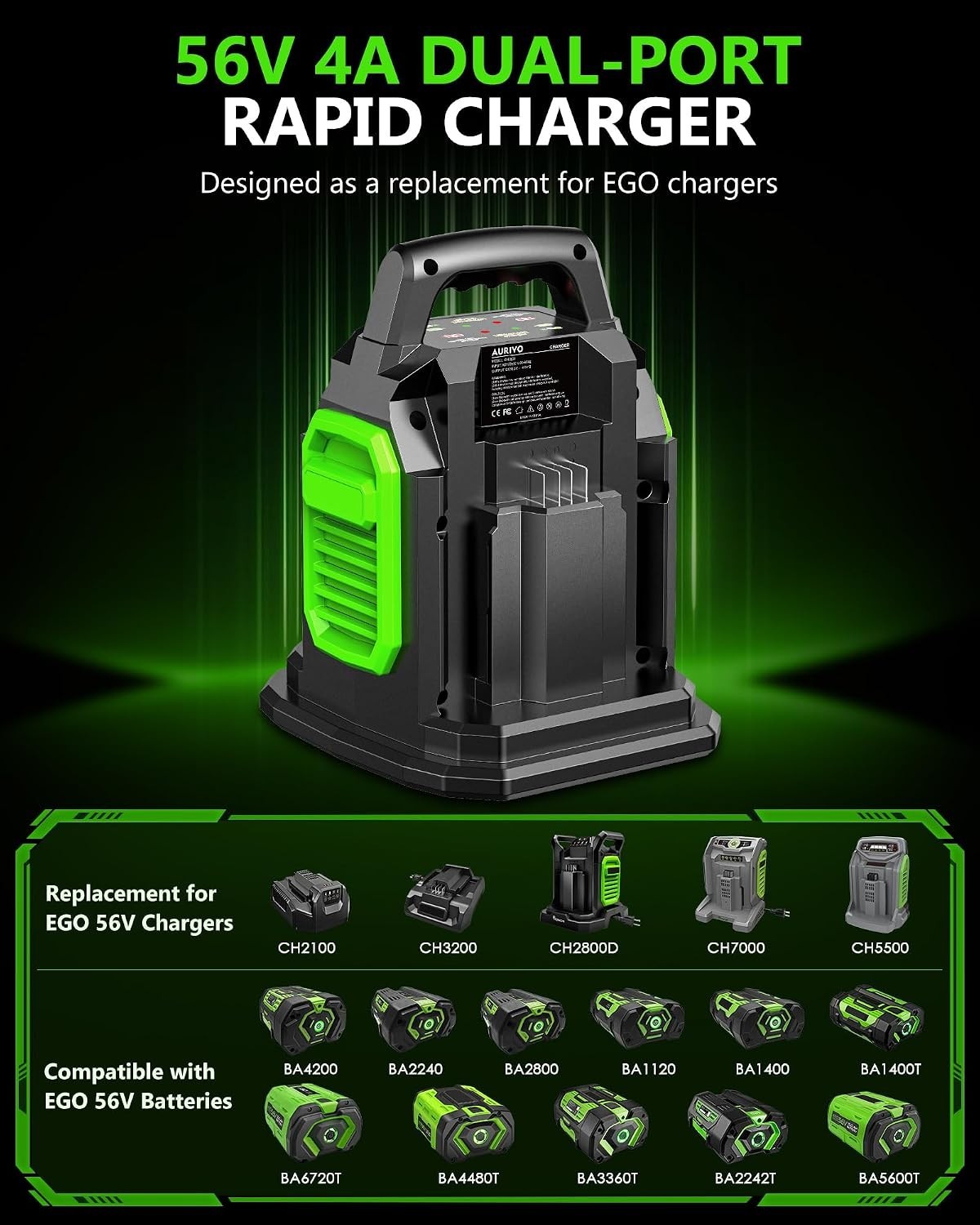 For EGO Power+ 56Volt Lithium-ion Battery Rapid Dual Ports Charger CH2800D 56V