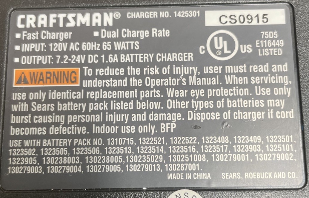 Craftsman BATTERY CHARGER OEM 1 Hour Fast 7.2V 12V 18V 19.2V 24V 1425301 Tested