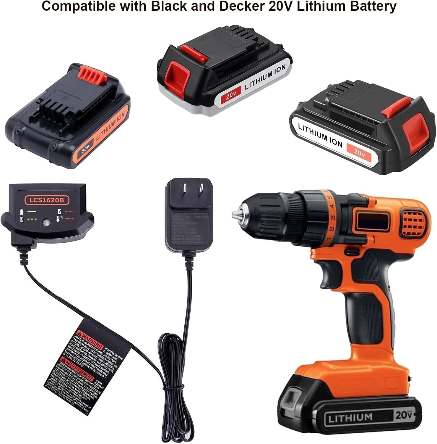 LCS1620B Compatible with Black and Decker 20V Lithium Battery Charger, LBXR20
