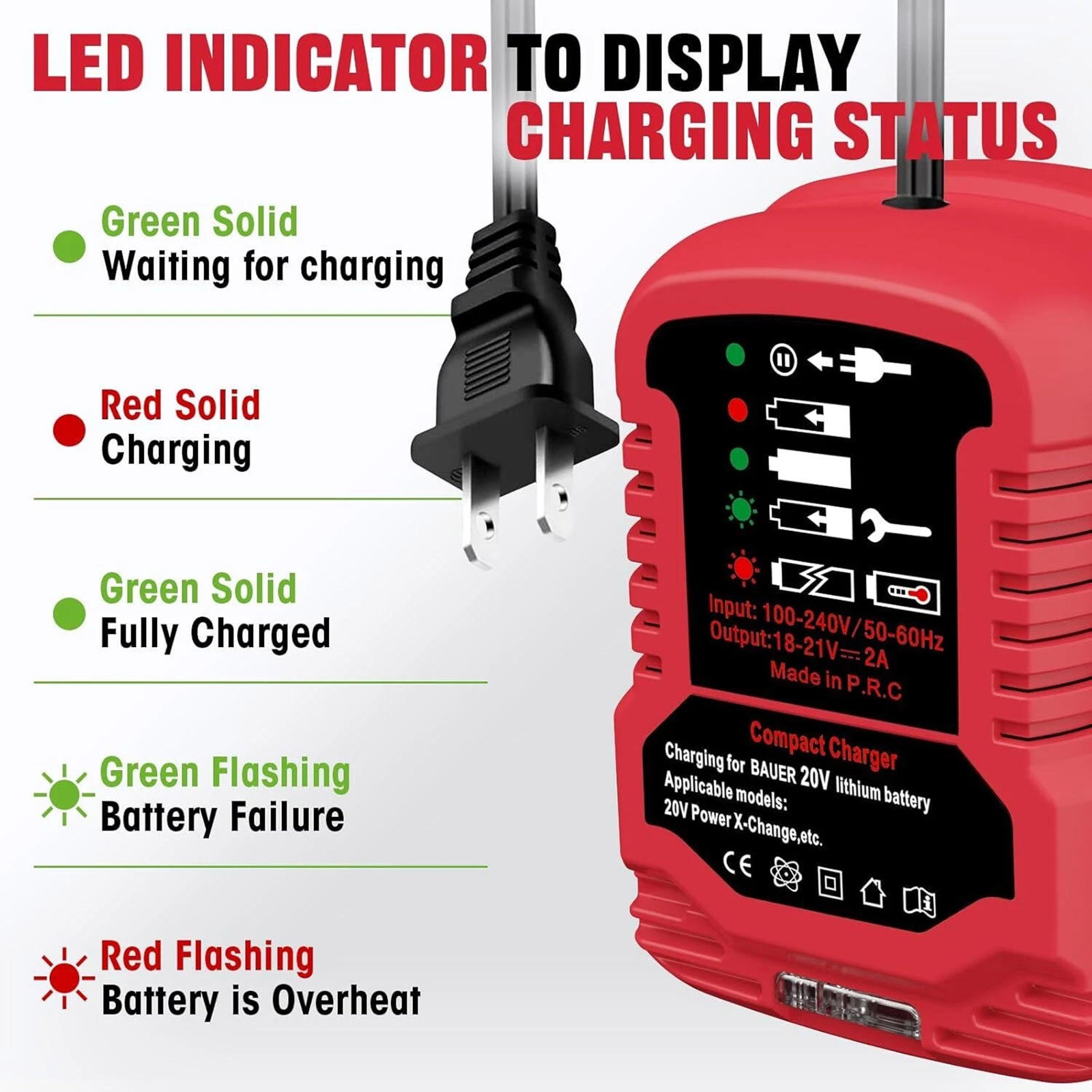 Compact Bauer 20V 2A Battery Charger Replacement with Bright LED Indicator