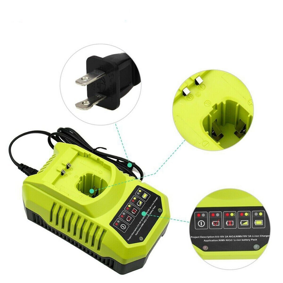 1-2Pack Replace for Ryobi Battery/Charger 18V PLUS 4.8Ah NIMH P100 13022 ABP1801