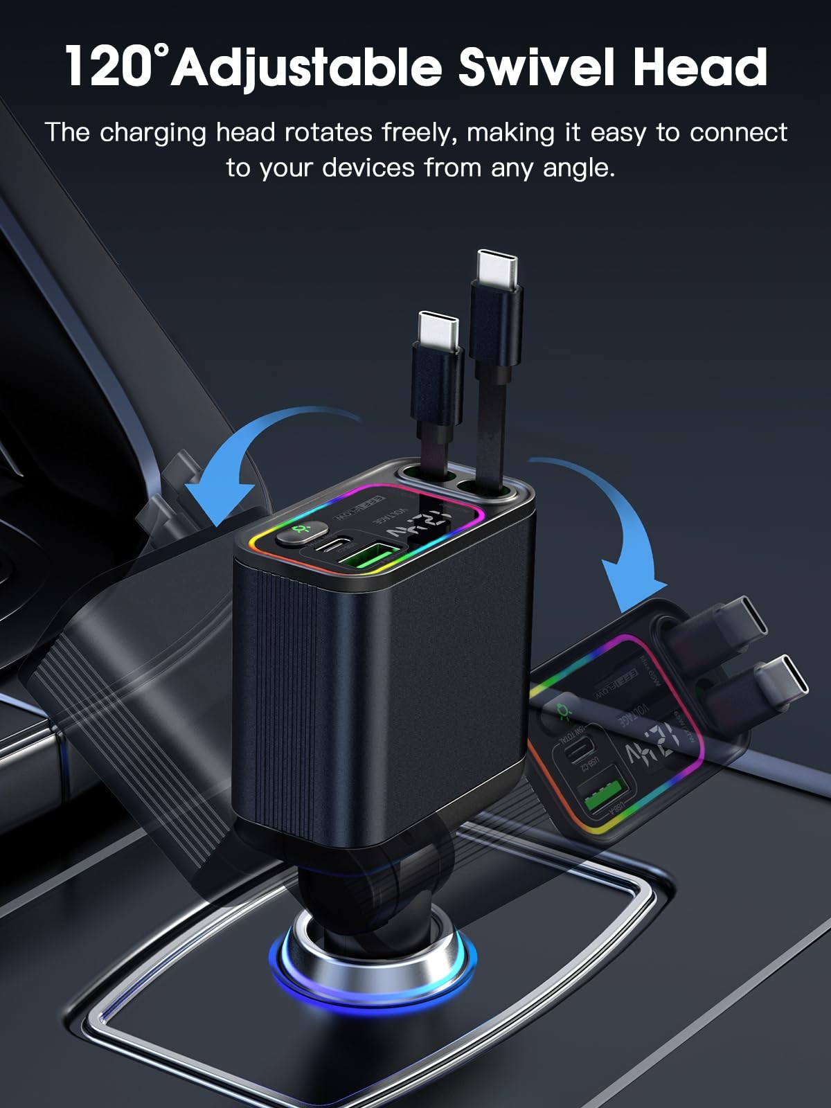 EFFIFLOW Dual Retractable USB C Car Charger 145W Fast Charging Type C Cables