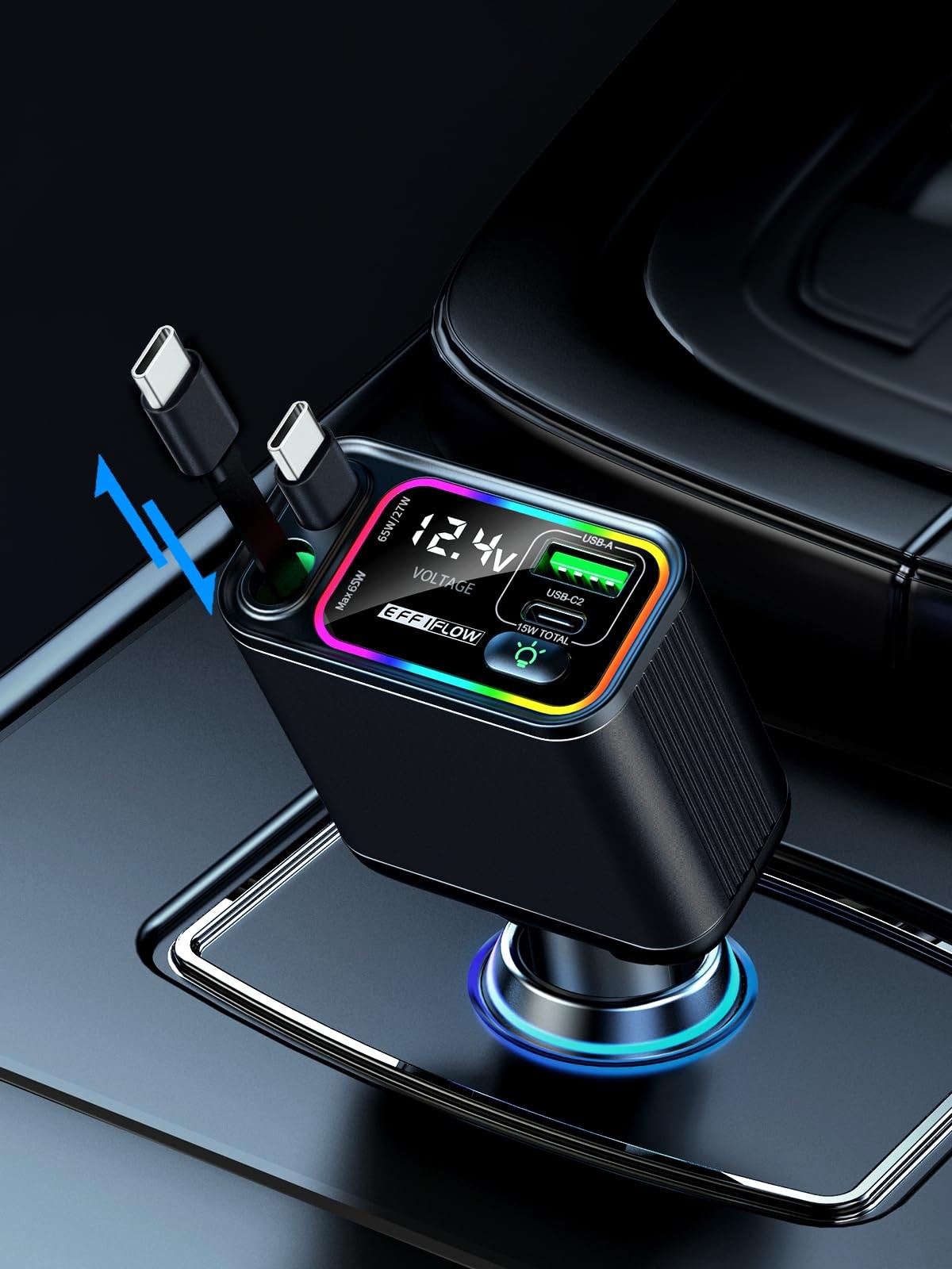 EFFIFLOW Dual Retractable USB C Car Charger 145W Fast Charging Type C Cables