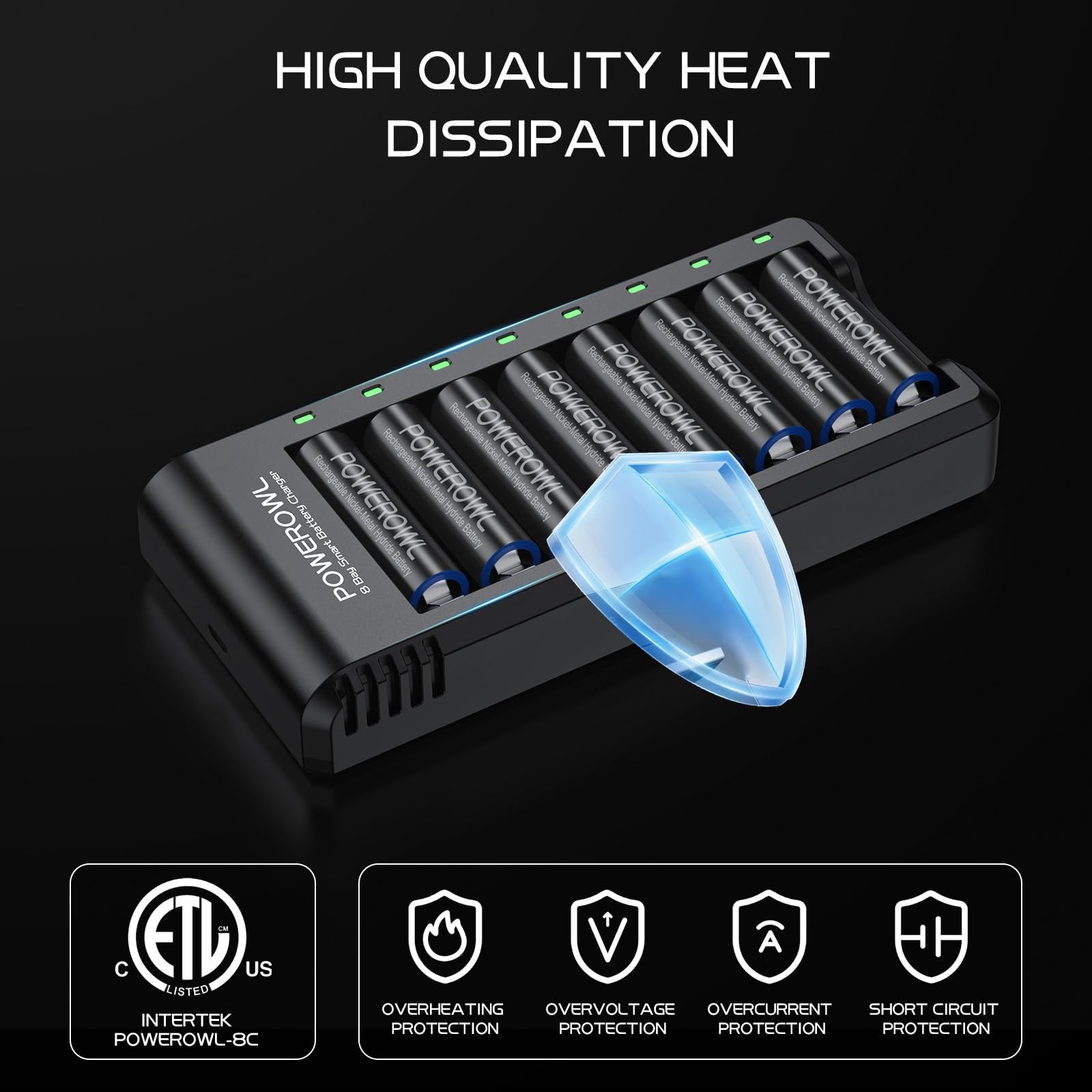 POWEROWL 8 Bay AA AAA Battery Charger, USB 8Bay aa aaa charger, Black