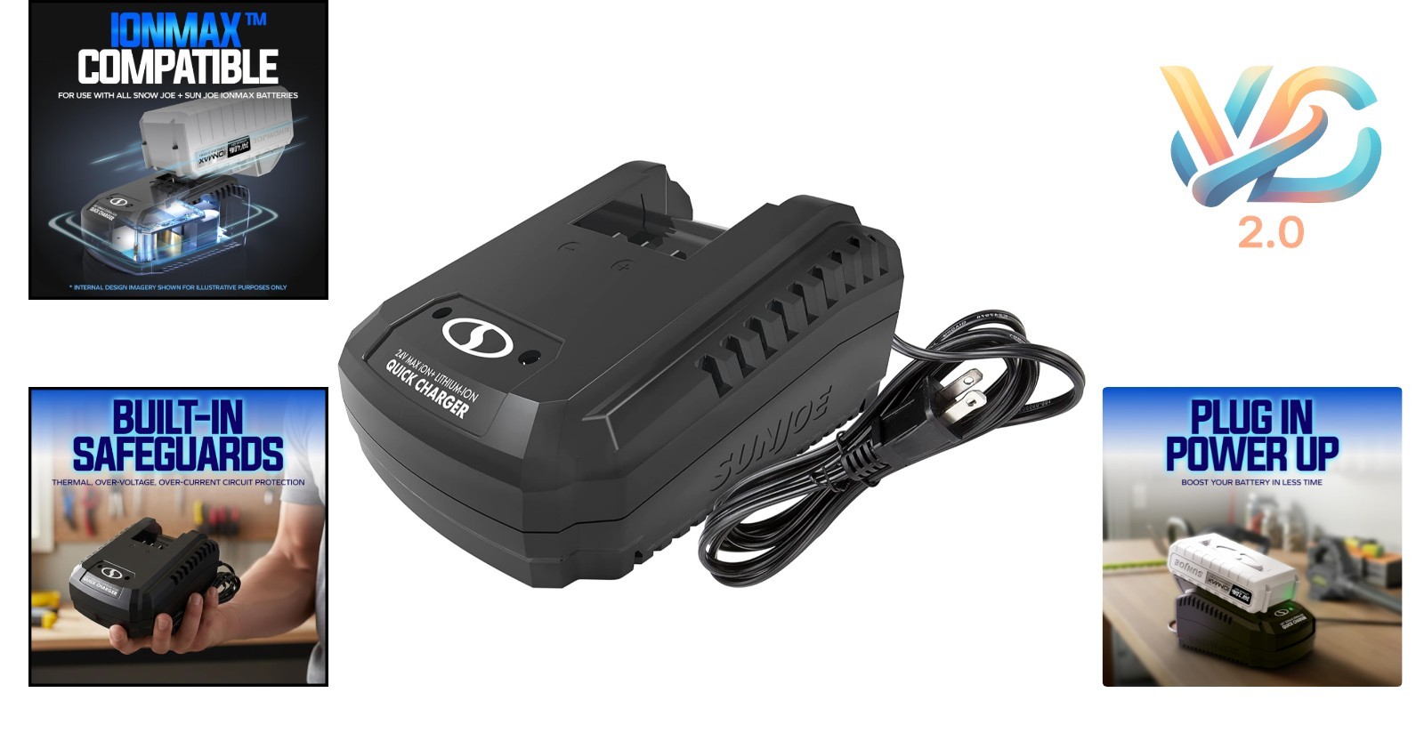 Ionmax 24V Dual-Port Fast Charger for Lithium-Ion Batteries Sun Joe Auto Joe