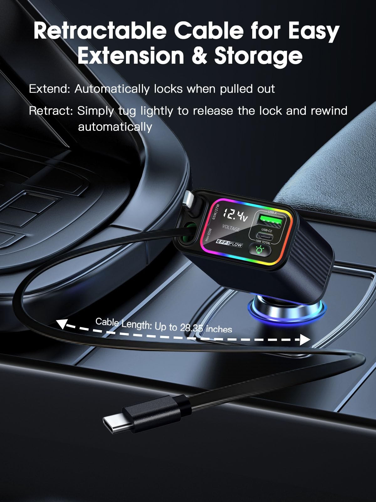 EFFIFLOW Dual Retractable USB C Car Charger 145W Fast Charging Type C Cables