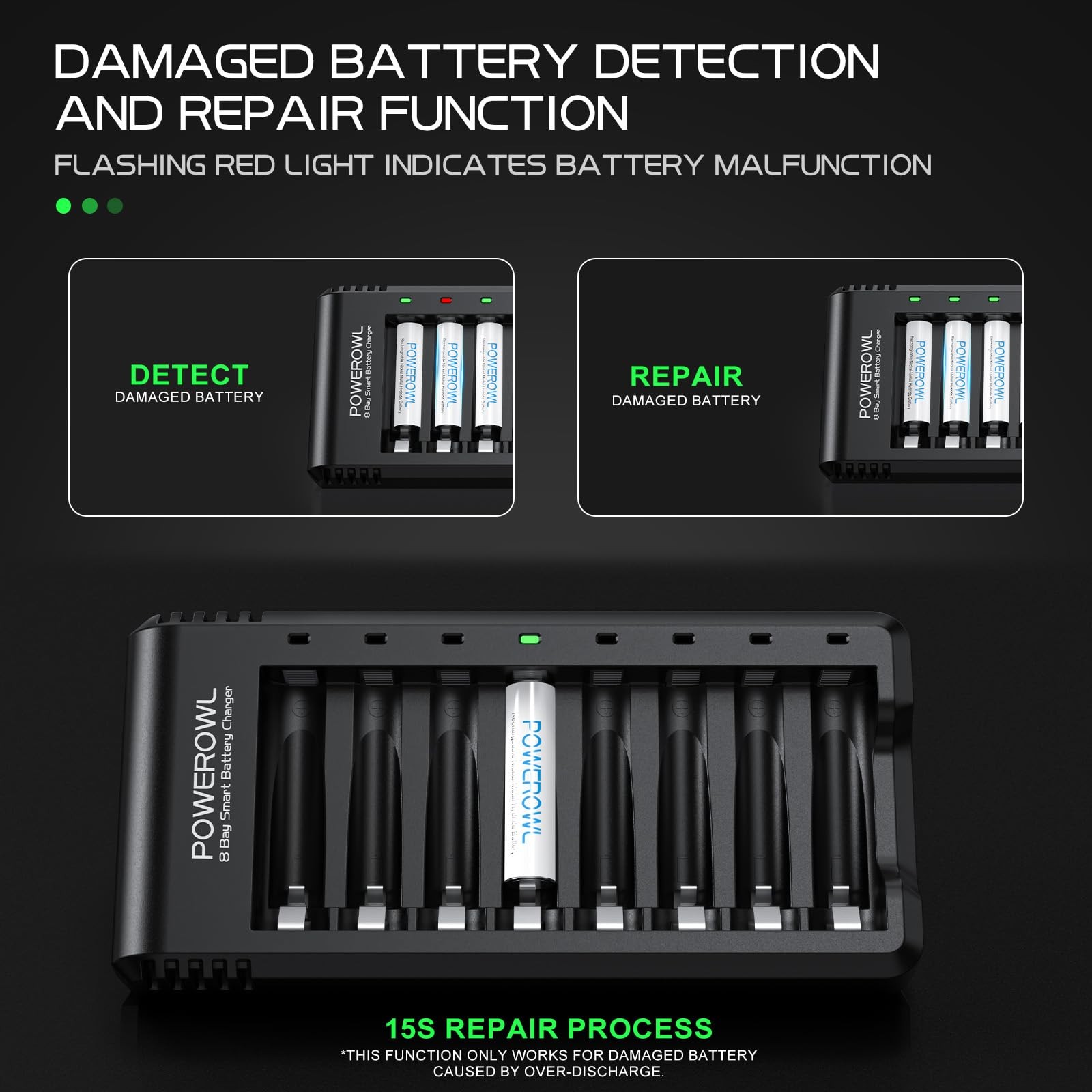 POWEROWL 8 Bay AA AAA Battery Charger, USB 8Bay aa aaa charger, Black
