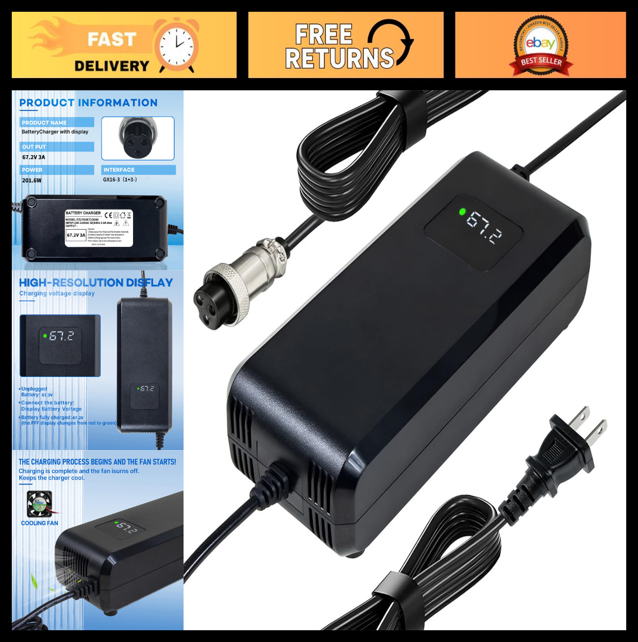 67.2V 3A Lithium Battery Charger for 60V 16S Li-ion Pack, 12mm Connector Adapter