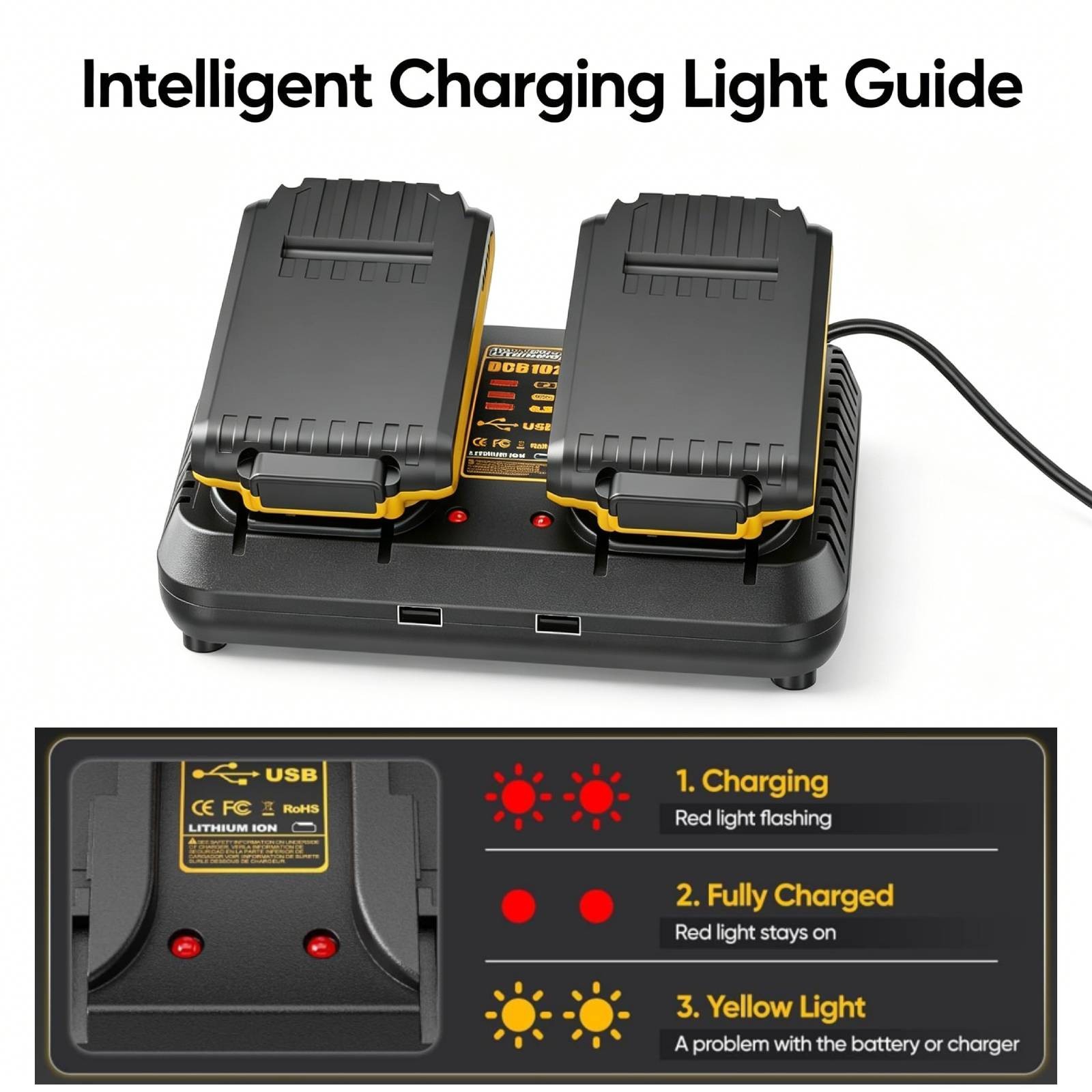 3A Dual Battery Fast Charger for DeWALT 12V 20V MAX Lithium DCB102 DCB115 DCB204