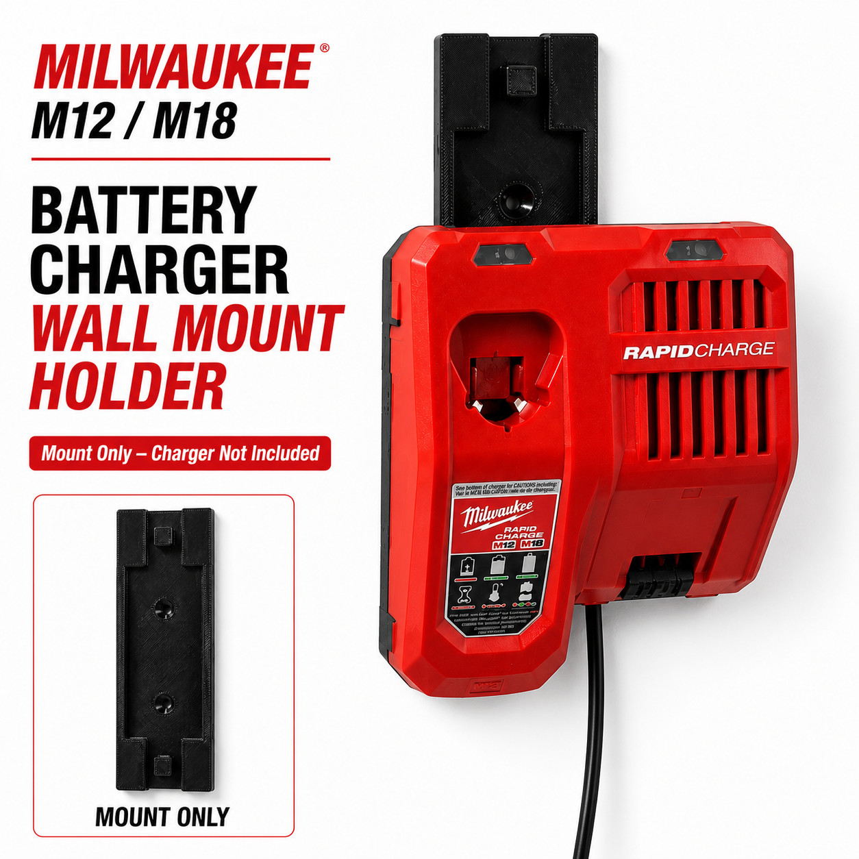 Wall Mount Holder Bracket for Milwaukee 48-59-1812 M12 M18 Charger (12v/18v)