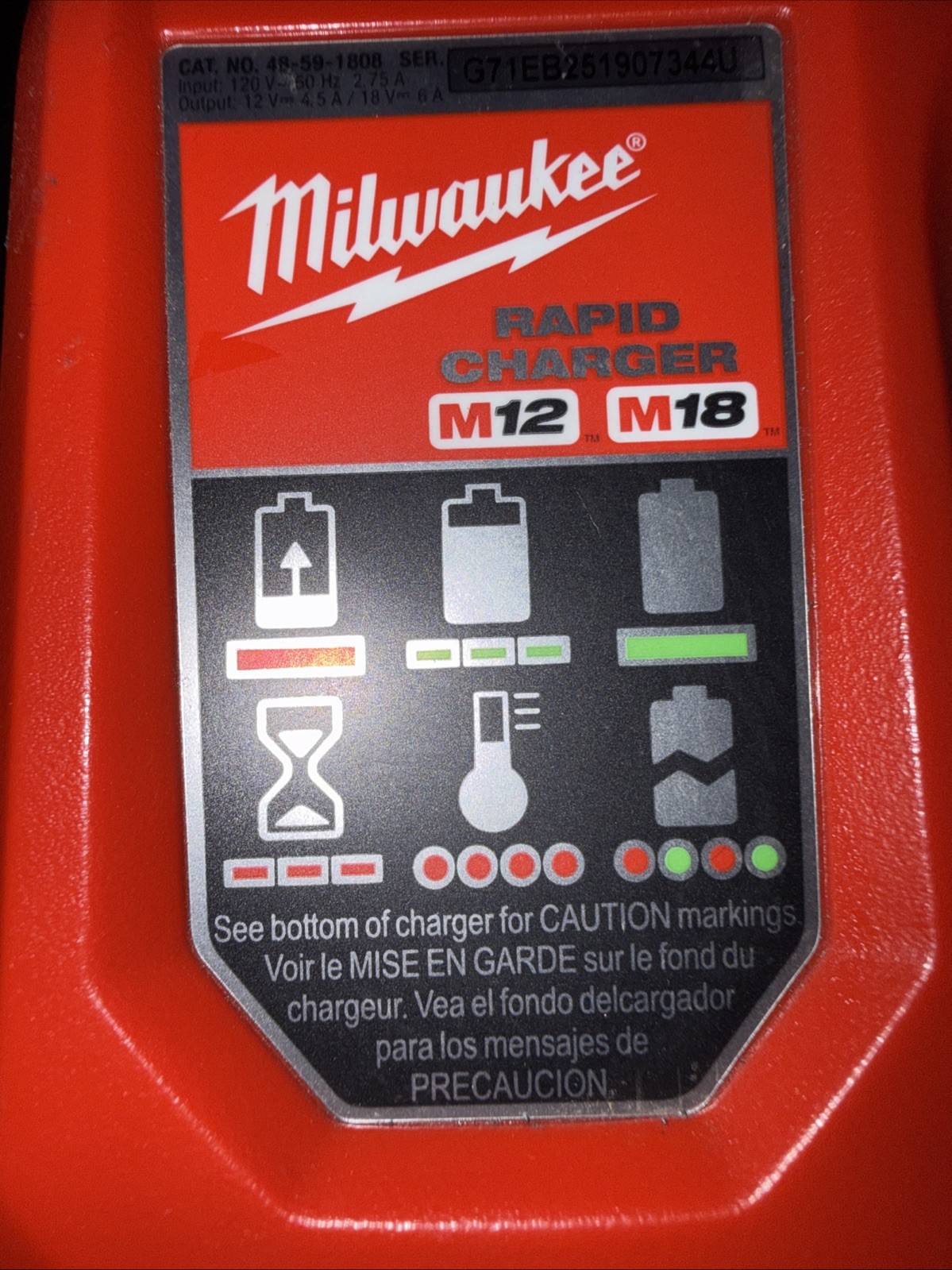 Milwaukee RAPID CHARGER M12 &M18 Model 48-59-1808. 2025 Date Code