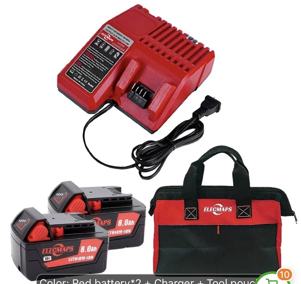 ELECMAPS 18V Lithium-Ion Battery Charger Kit, 2 Batteries Included, Red